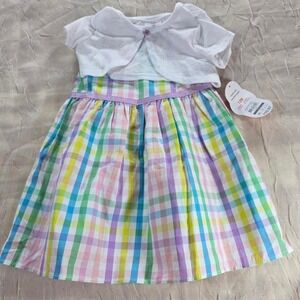 Wonder Nation Baby Girls Pastel Rainbow Gingham Dress and Cardigan Set 12M NEW